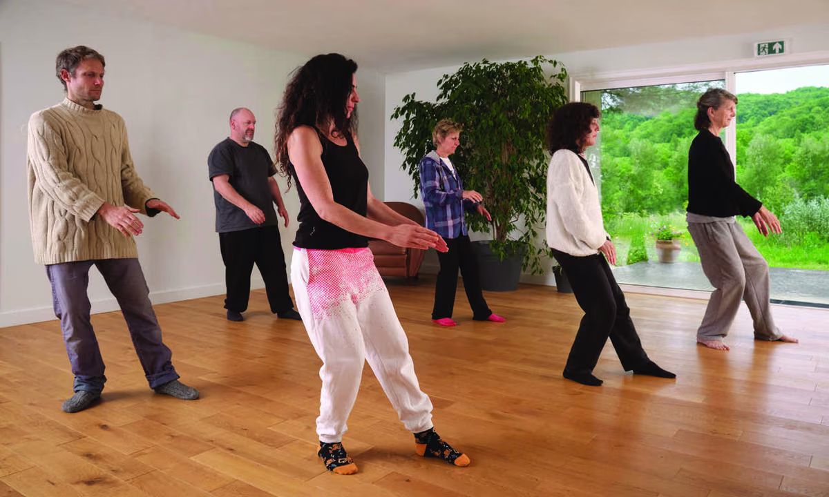 Participants à un cours de Taï Chi Chuan, en mouvement dans la salle